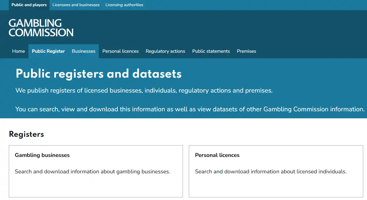 Gambling Commission public register for Great Britain licence status