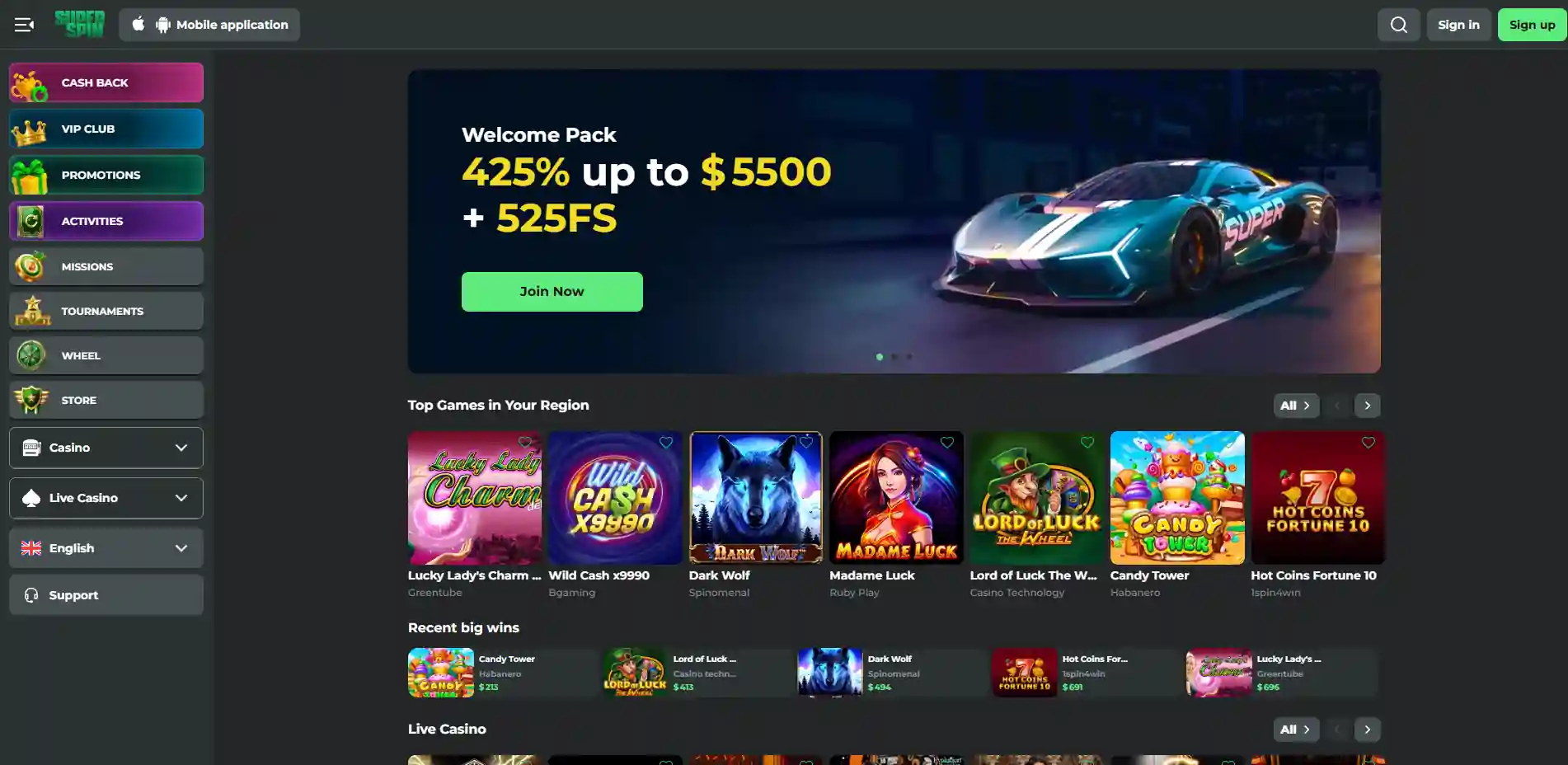 Super Spin casino homepage and lobby navigation