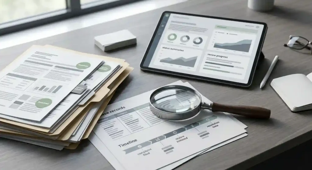 Editorial illustration of complaint records, withdrawal status and source verification