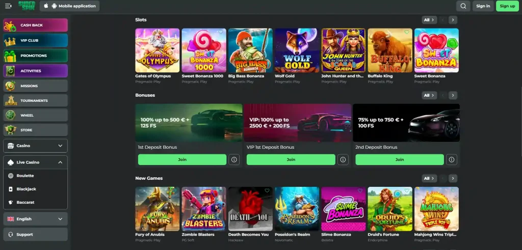 Super Spin games lobby showing current provider and game categories