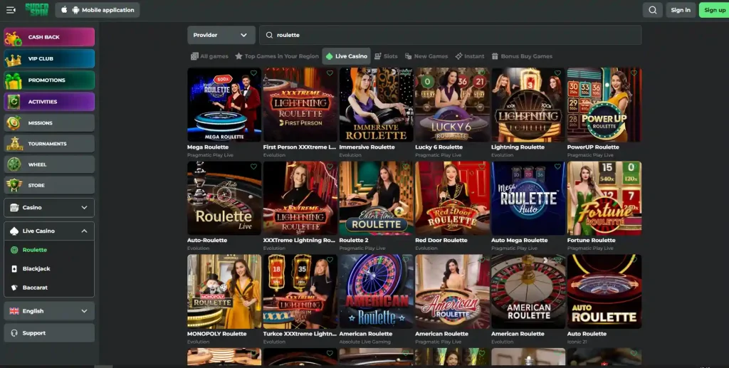Super Spin live casino lobby showing current dealer games