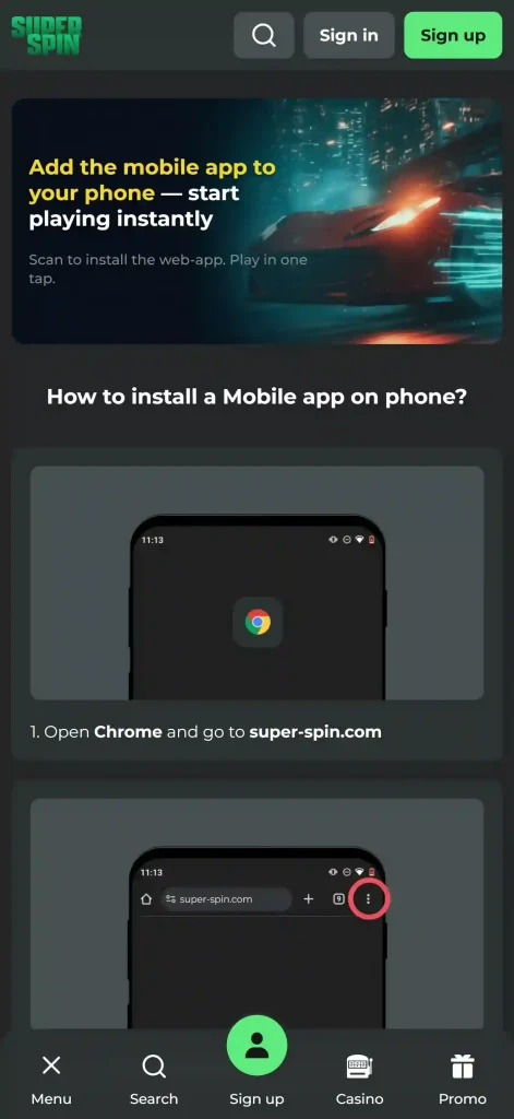Super Spin mobile installation instructions for iOS and Android