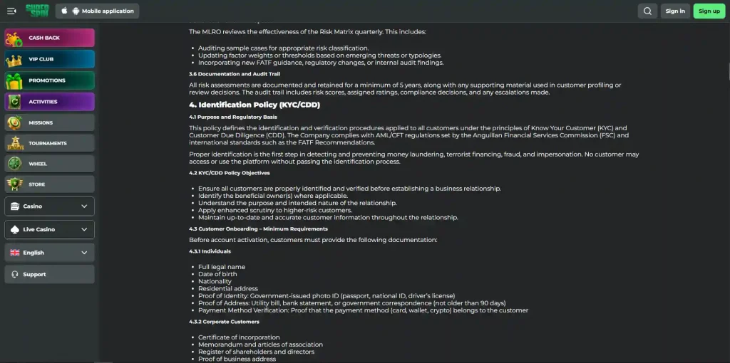 Super Spin official KYC and AML policy document requirements