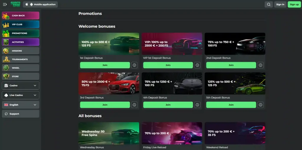 Super Spin promotions page showing the current welcome offer