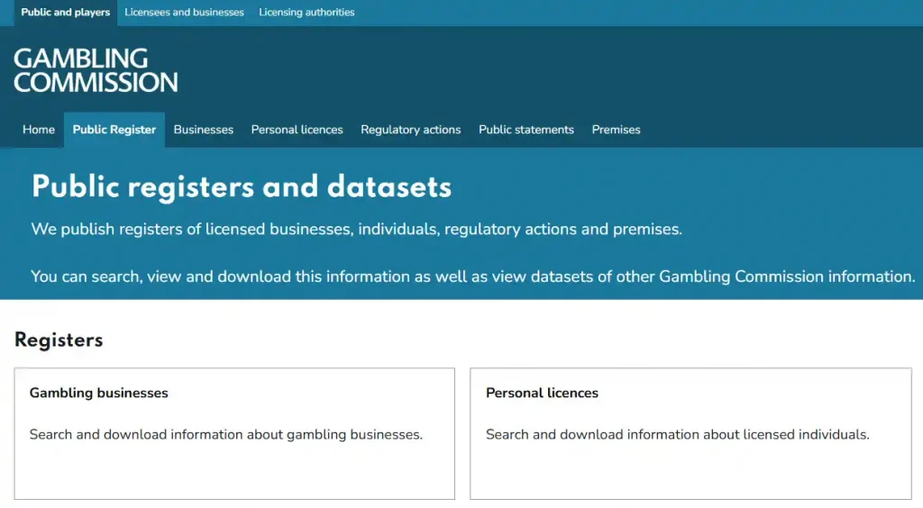 UK Gambling Commission public register for Super Spin and Comentive LTD